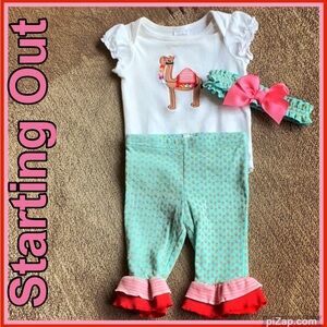 Starting Out - Baby Camel Onesie, Pants Outfit with Bow - Sz 6 mos